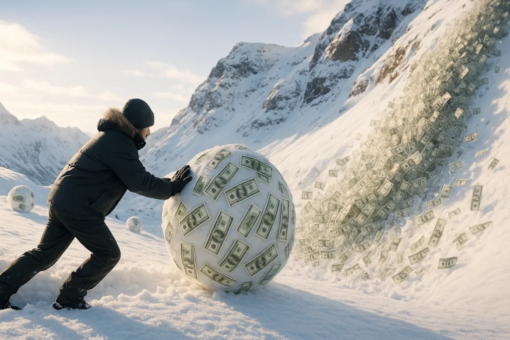 Debt Snowball vs. Avalanche Method: A person pushes a huge snowball of cash while an avalanche of bills rushes downhill, representing contrasting debt repayment strategies