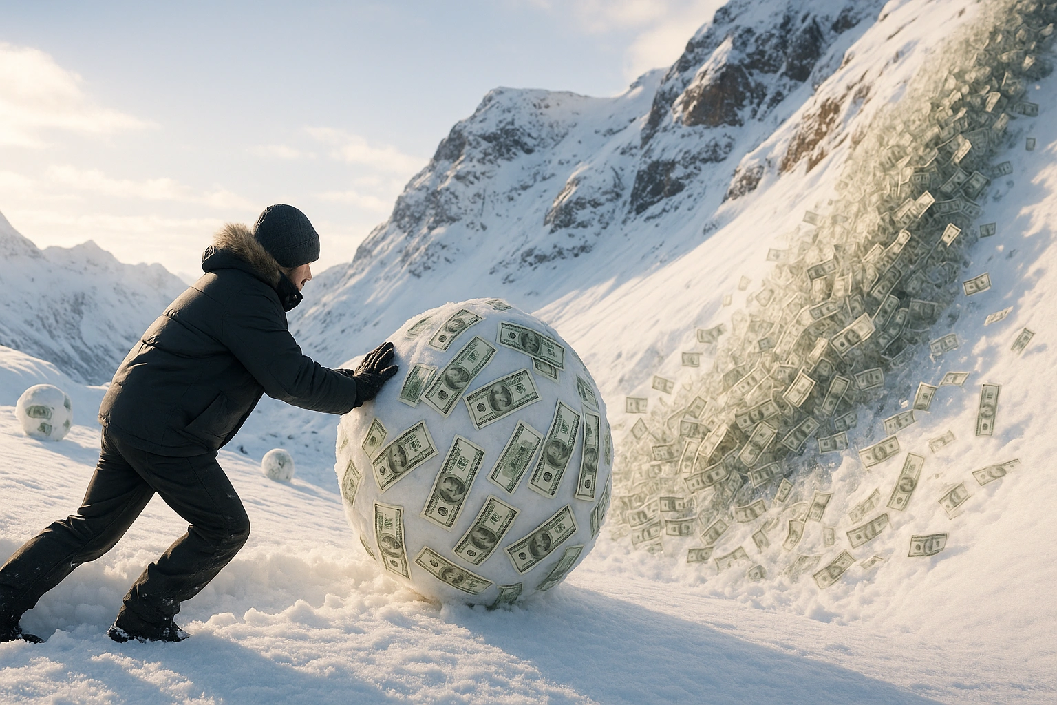 Debt Snowball vs. Avalanche Method: A person pushes a huge snowball of cash while an avalanche of bills rushes downhill, representing contrasting debt repayment strategies