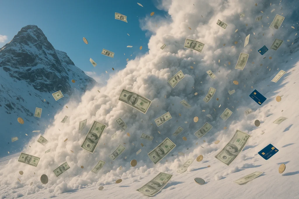 Debt Snowball vs. Avalanche Method: A massive avalanche cascades down a mountain slope, hurling snow, cash, coins, and credit cards in frozen cinematic detail.
