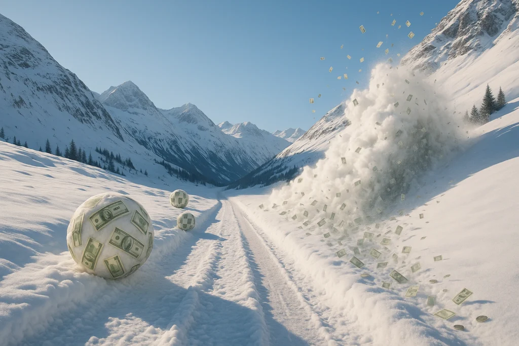 Debt Snowball vs. Avalanche Method: A snowy mountain path splits—left trail with rolling cash snowballs, right trail overwhelmed by a roaring avalanche of swirling money.