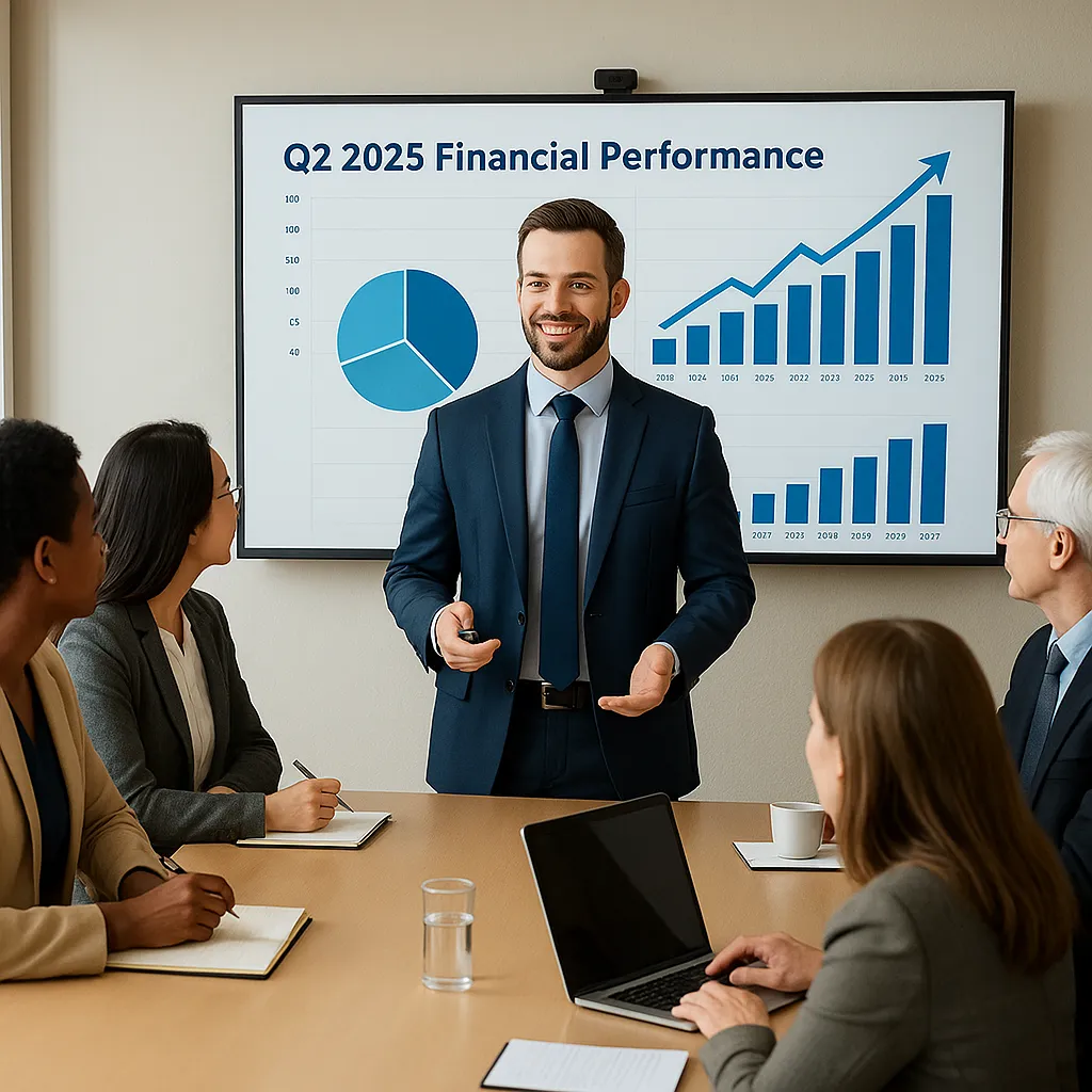 Business professional presenting financial charts during a meeting, illustrating growth and analysis. A useful guide for investors aiming to Read Annual Report Fast with efficiency.