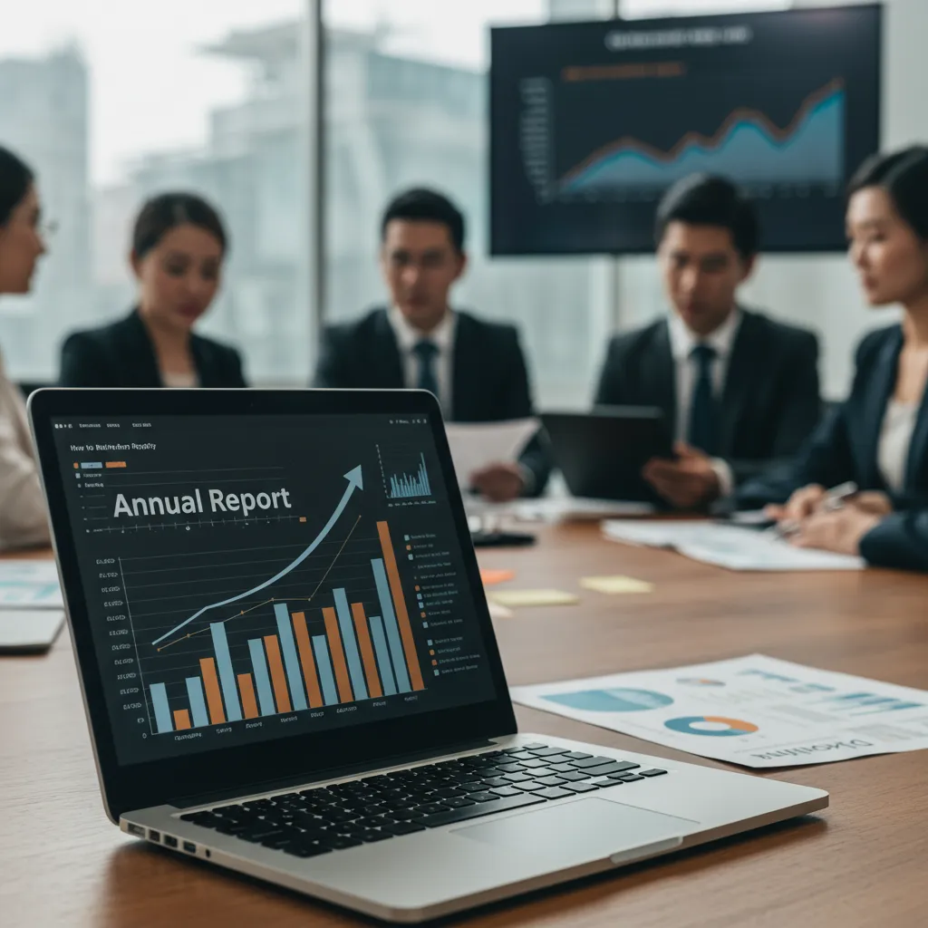 Business professionals reviewing data with laptop showing charts. Perfect guide on how to Read Annual Report Fast, helping executives analyze insights quickly, improve decisions, and optimize strategies.