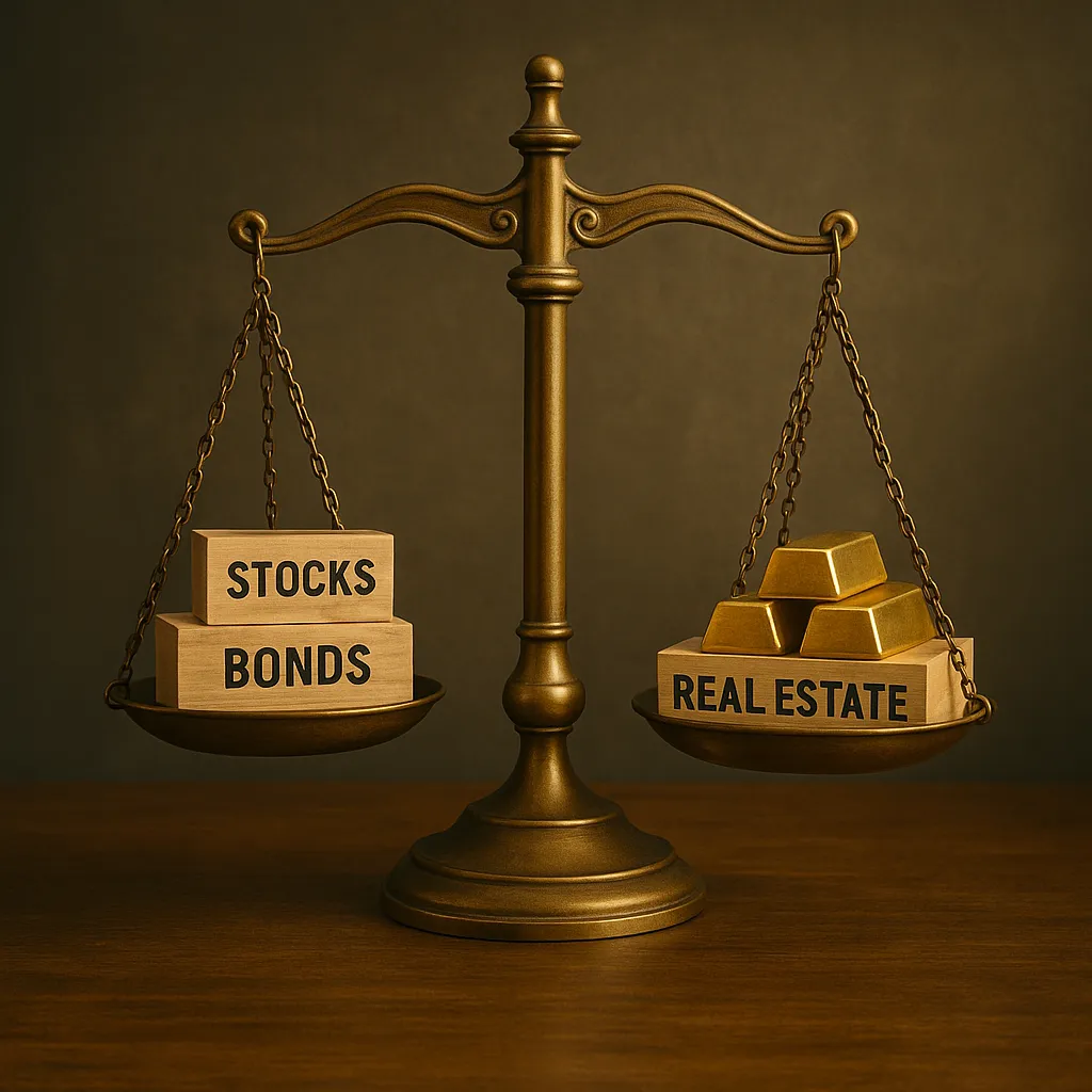 A balanced vintage scale holding stocks, bonds, real estate, and gold bars, visually reflecting investor behavioral biases explained through strategic asset distribution and risk awareness.