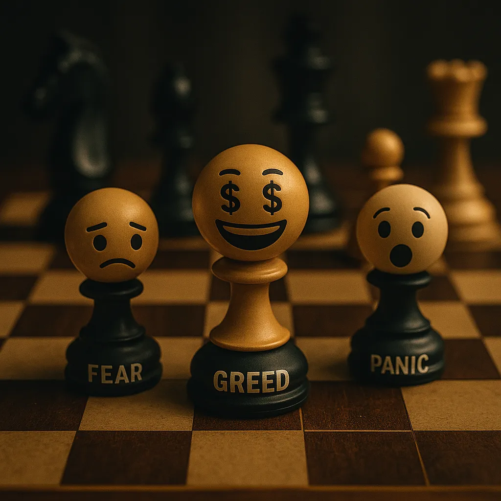 Photorealistic chessboard uses icons of fear, greed, and panic instead of pieces, symbolizing investor behavioral biases explained through emotional investing mistakes and poor decisions.