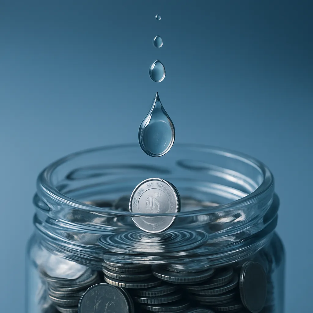 A water droplet transforms into a coin above a jar, visually symbolizing the benefits of DRIP investing—small, steady inputs leading to consistent long-term growth.