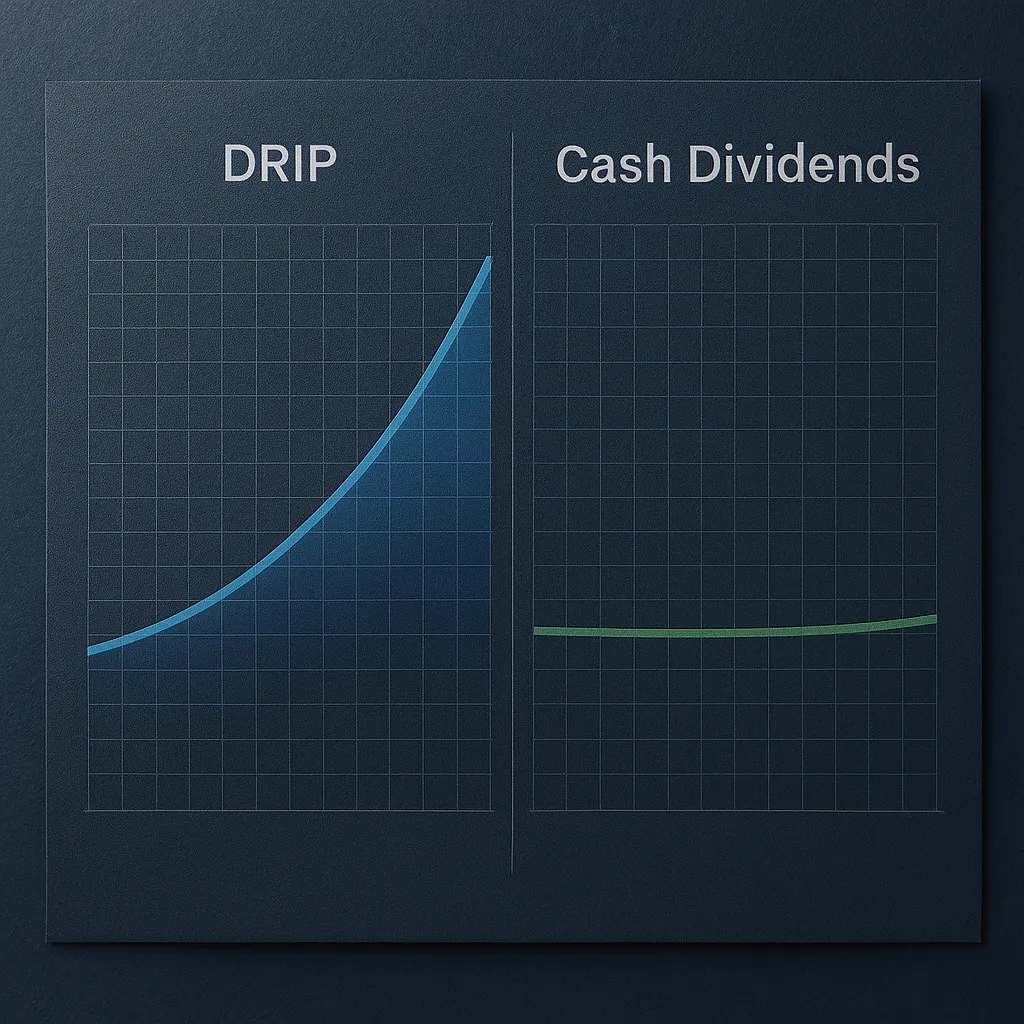 Two charts compare investment growth, illustrating the benefits of DRIP investing with compounding returns, while cash dividends show minimal progress over the same time frame. 📈💧 