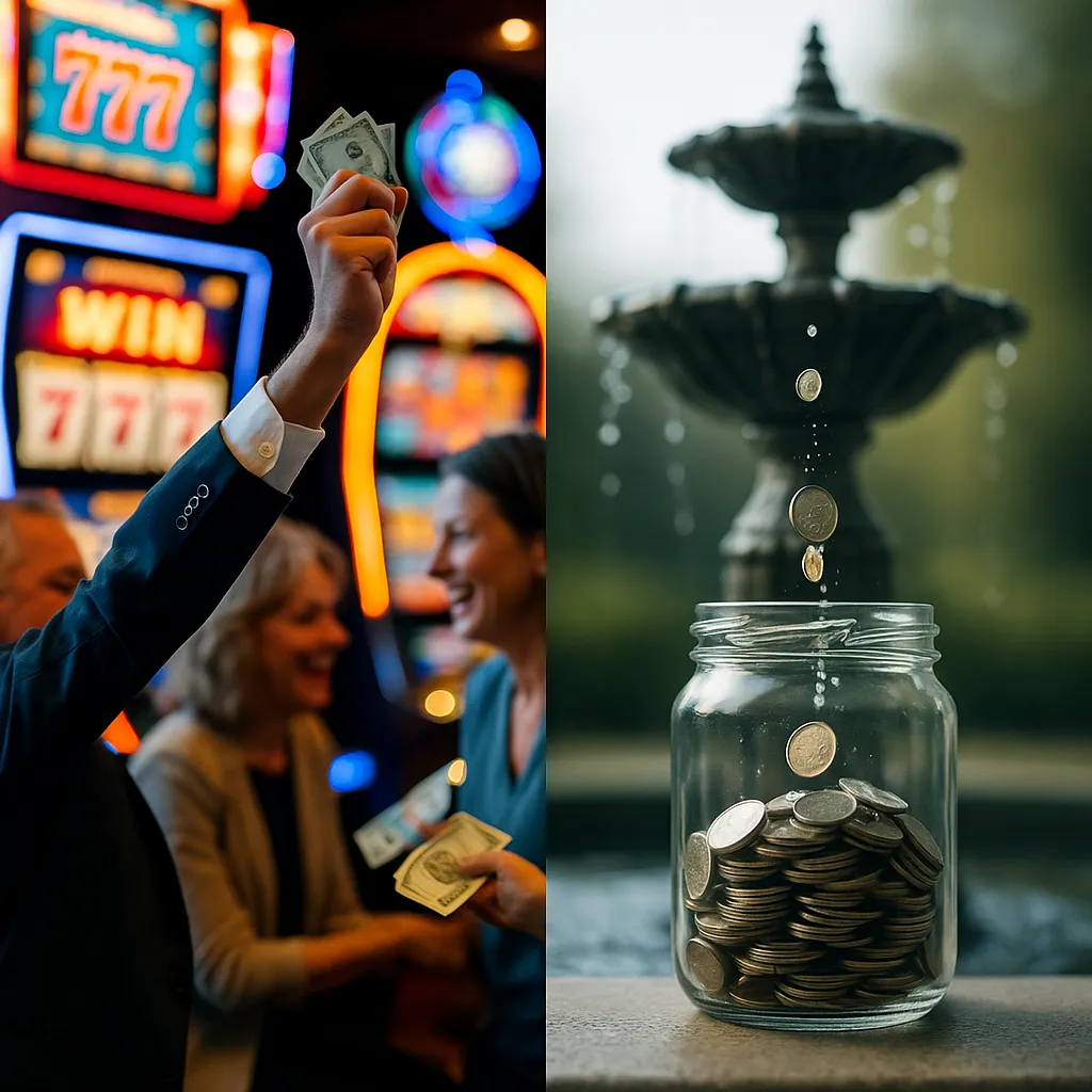 A split image compares gambling and saving, clearly illustrating the benefits of DRIP investing through a calm coin fountain versus frantic casino cash grabs. 🎰💧 