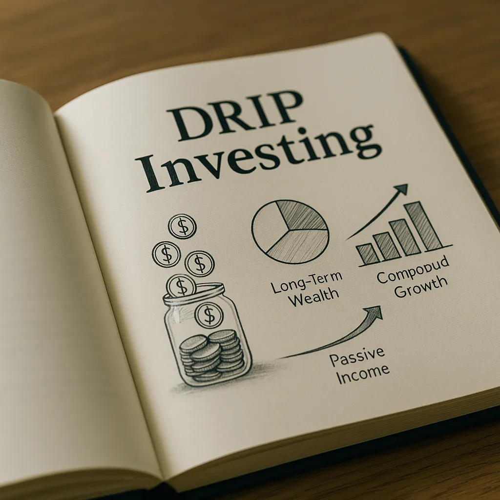 An open book titled “DRIP Investing” displays hand-drawn charts and symbols, showcasing the benefits of DRIP investing like compound growth, passive income, and wealth. 📘📊