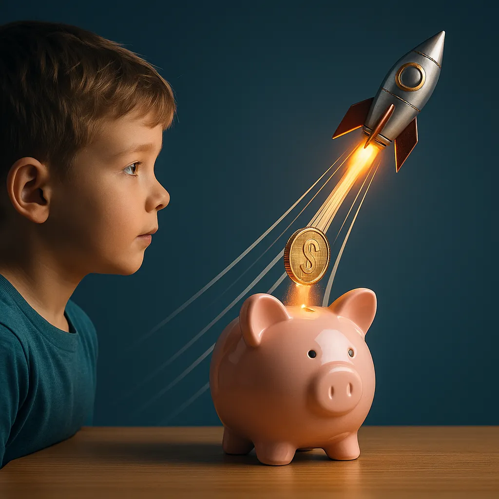 A child watches a rocket launch from a piggy bank, fueled by coins—illustrating the benefits of DRIP investing and its power to drive exponential growth. 🚀🐷 