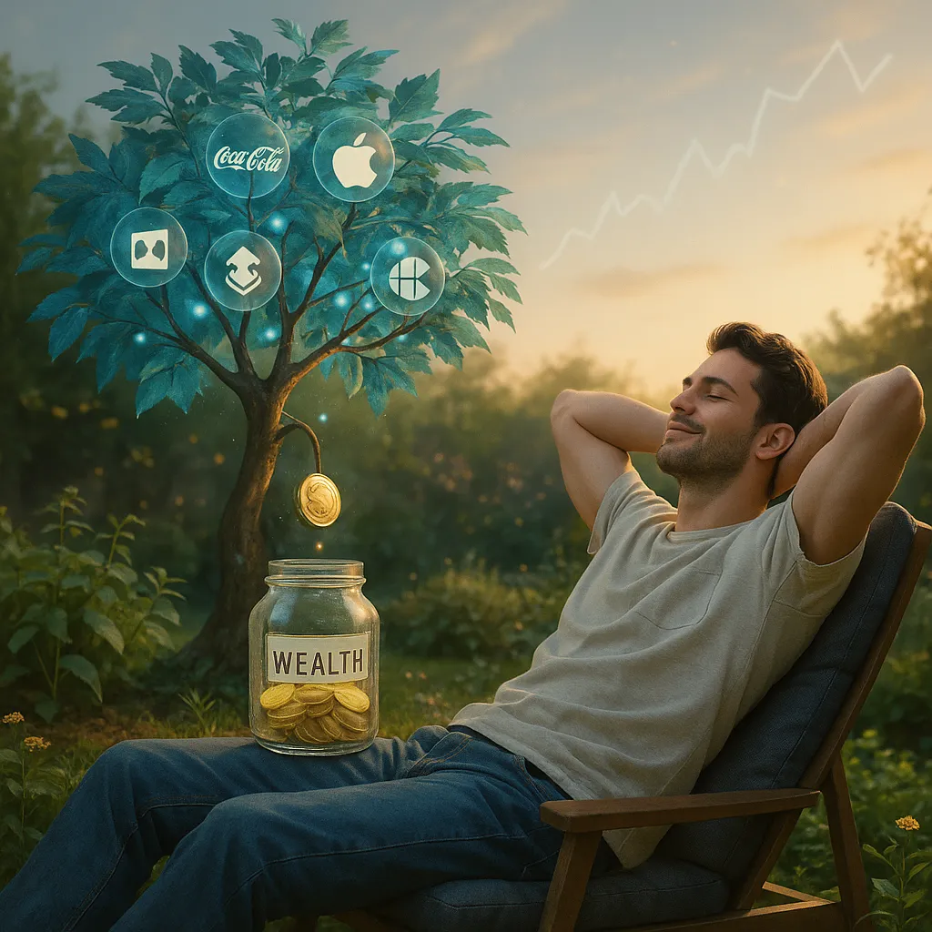 Photorealistic man relaxing as a glowing tree drops coins into a jar, symbolizing the benefits of DRIP investing and automated wealth building. 🌳💰📸 