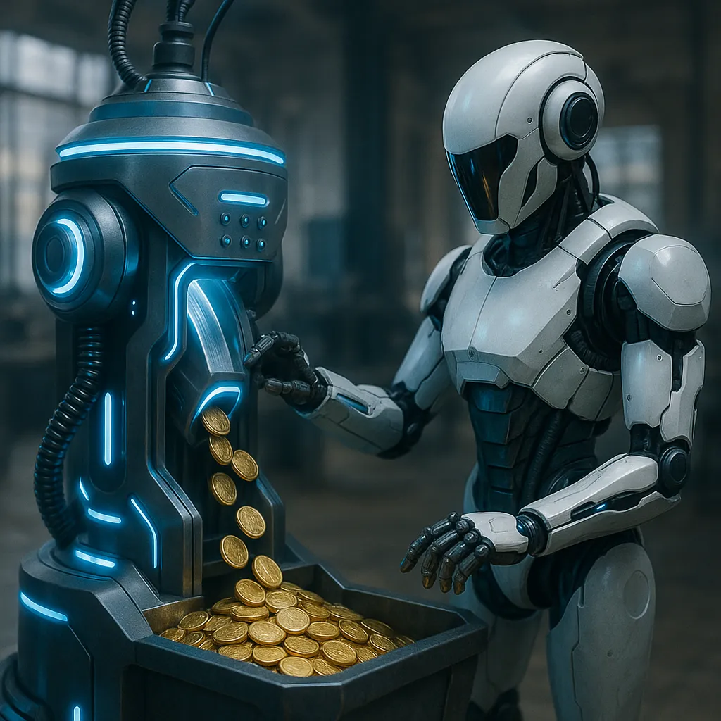 Futuristic robot operates high-tech coin machine in sleek factory, visually representing the benefits of DRIP investing through automated compounding and wealth generation. 🤖💰🔁 