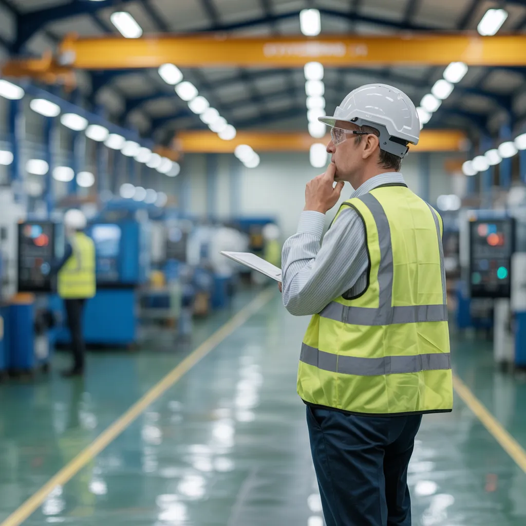 Engineer in safety vest and helmet inspects machinery inside a large factory, taking notes on a clipboard, reflecting industrial analysis to build an investment thesis.
