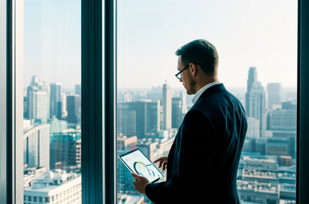 Build an investment thesis: Business executive in suit reviews financial charts on tablet by office window overlooking city skyline, symbolizing strategic vision and data-driven decision-making.