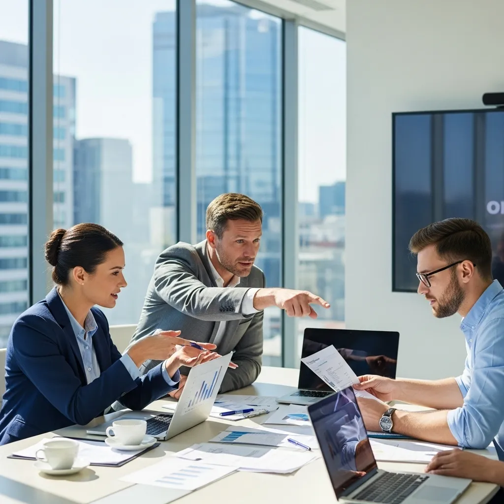 Build an investment thesis: Business team collaborates in modern office with laptops and charts, debating strategies and analyzing data to shape structured, evidence-based investment decisions.