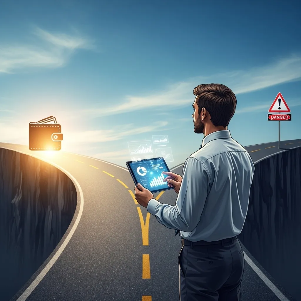 Build an investment thesis: Illustration of man with tablet analyzing charts at road split, one safe path and one dangerous, symbolizing strategic financial decision-making.