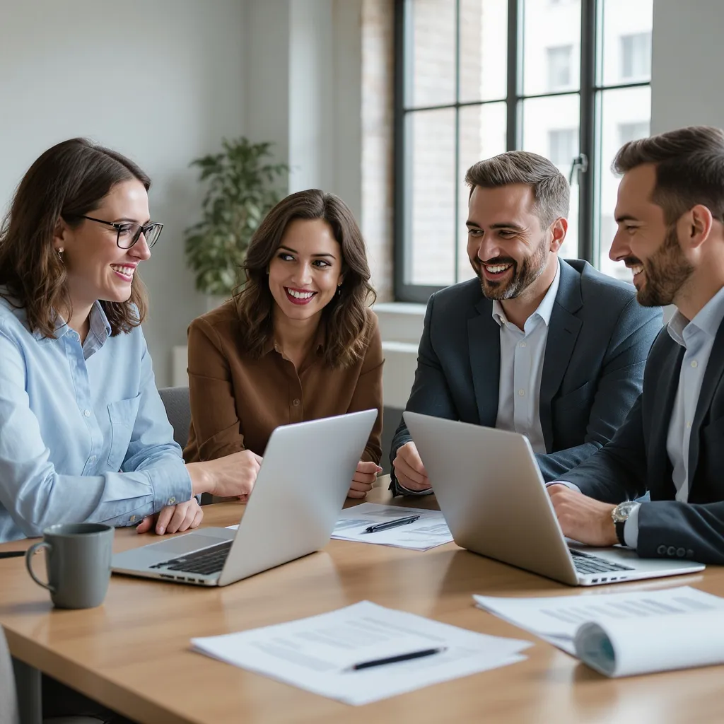 Build an investment thesis: Smiling business team collaborates around table with laptops and documents, symbolizing teamwork, strategy, and data-driven decision-making in structured investment planning.