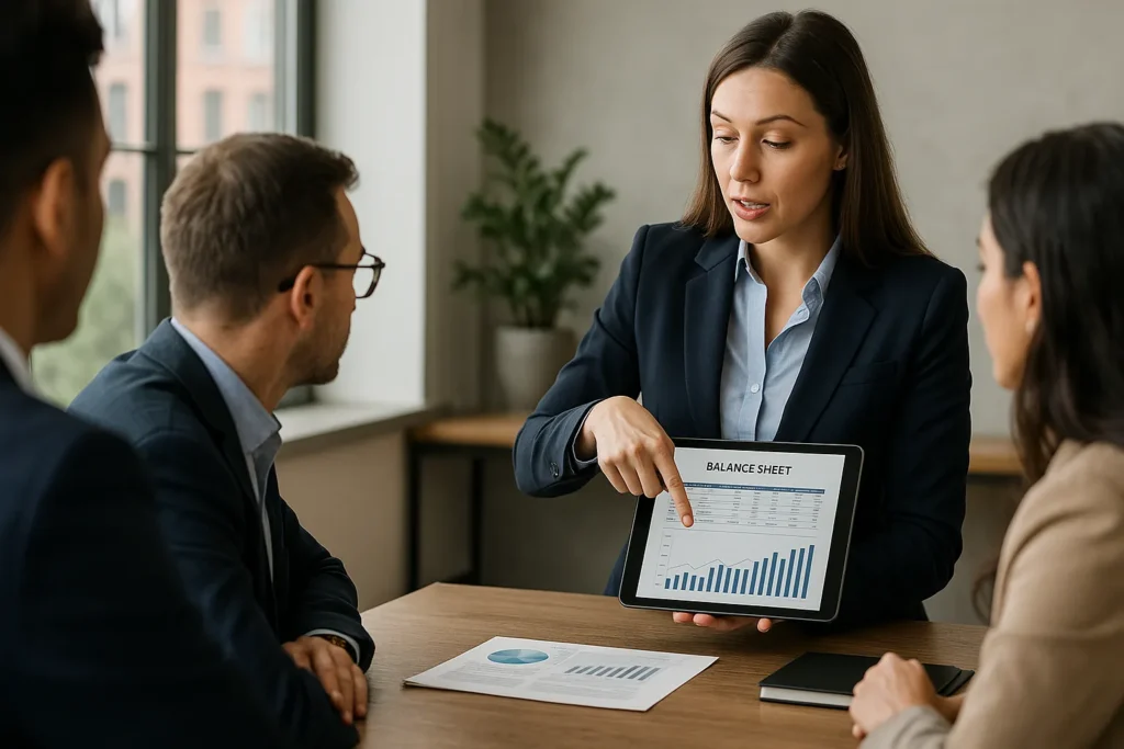 A businesswoman explains a chart on a tablet during a meeting, showing why financial statements matter to company strategy and team understanding.