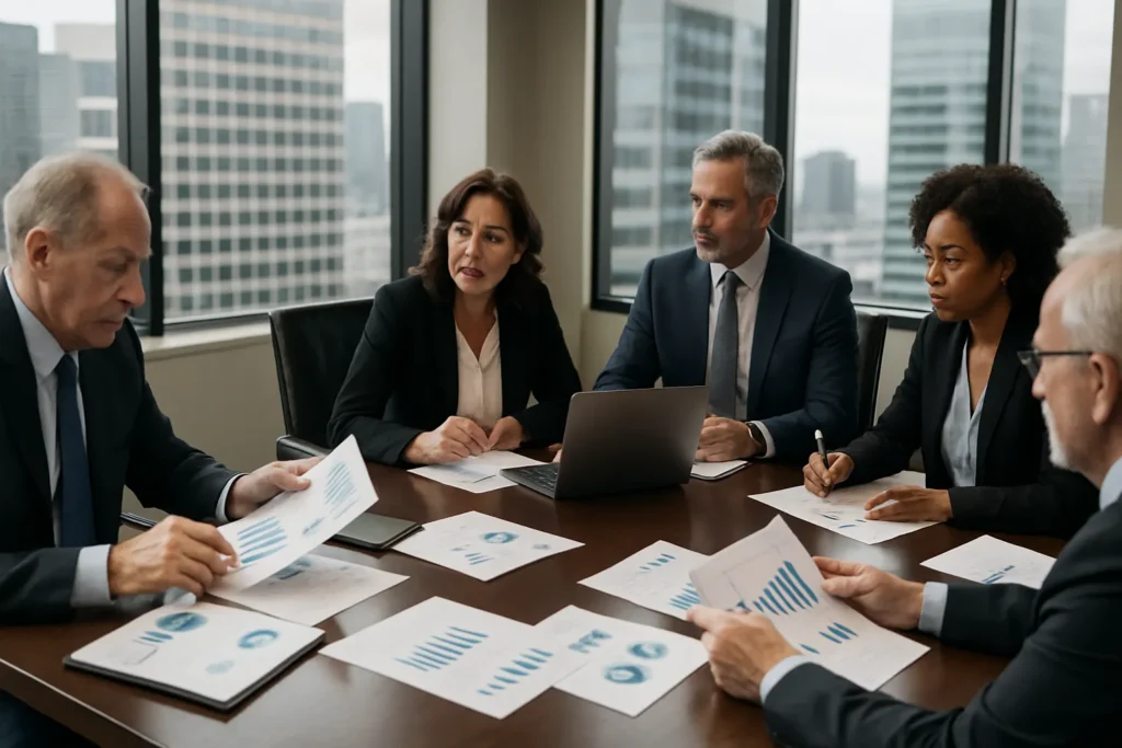 Executives in a high-rise boardroom review reports and laptops, illustrating why financial statements matter in strategic planning, performance tracking, and collaborative decision-making.