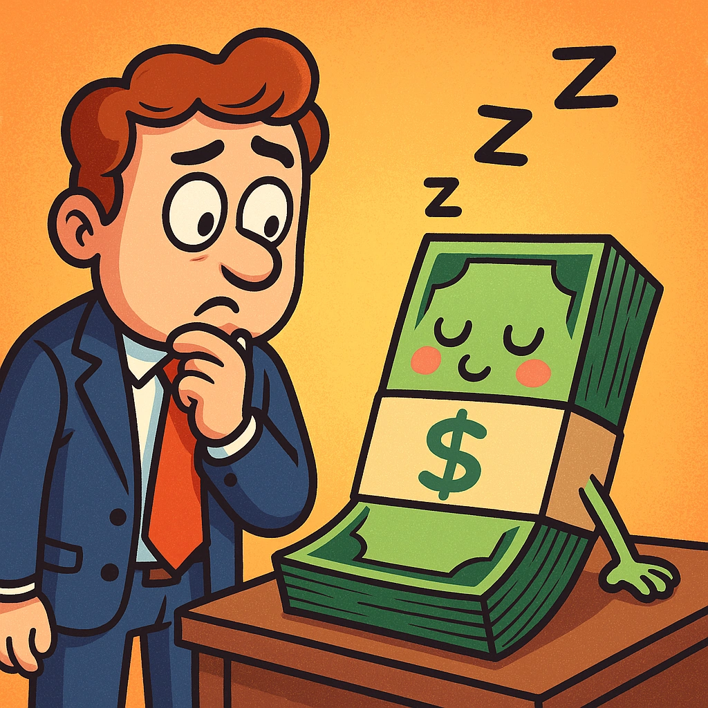 Cartoon investor frowning at a stack of money peacefully sleeping on a desk, symbolizing cash drag, in a colorful vector style.