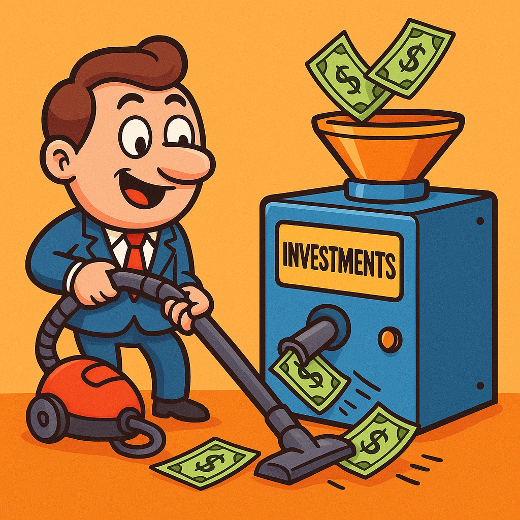 Funny cartoon of an investor vacuuming up idle cash and feeding it into a large blue machine labeled 'Investments', symbolizing action against cash drag.