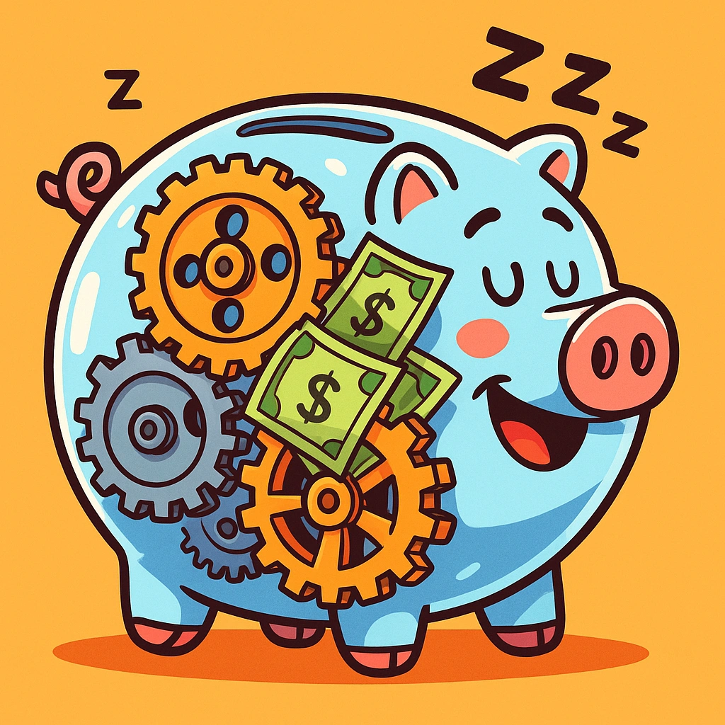 Funny cartoon of a transparent piggy bank with colorful gears and dollar bills jammed inside, smiling and asleep, symbolizing cash drag in a playful style.