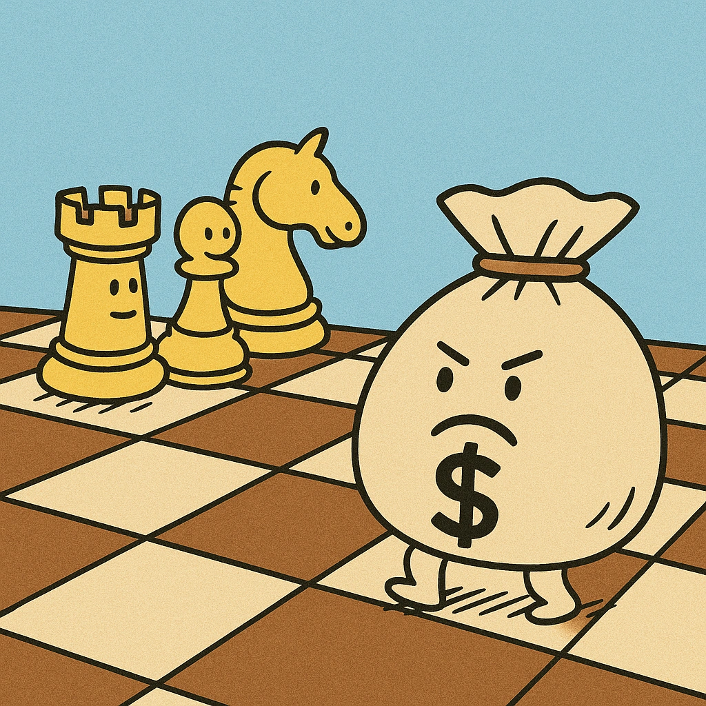A cartoon chessboard with anthropomorphic pieces, including an angry money bag refusing to move while rook, pawn, and knight pieces advance, humorously representing the concept of cash drag.