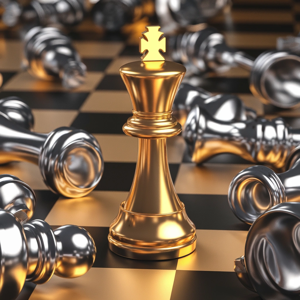 A golden chess king stands tall among fallen silver pieces on a checkered board, symbolizing financial victory, dominance, strategy, and decisive success in competitive investment markets.