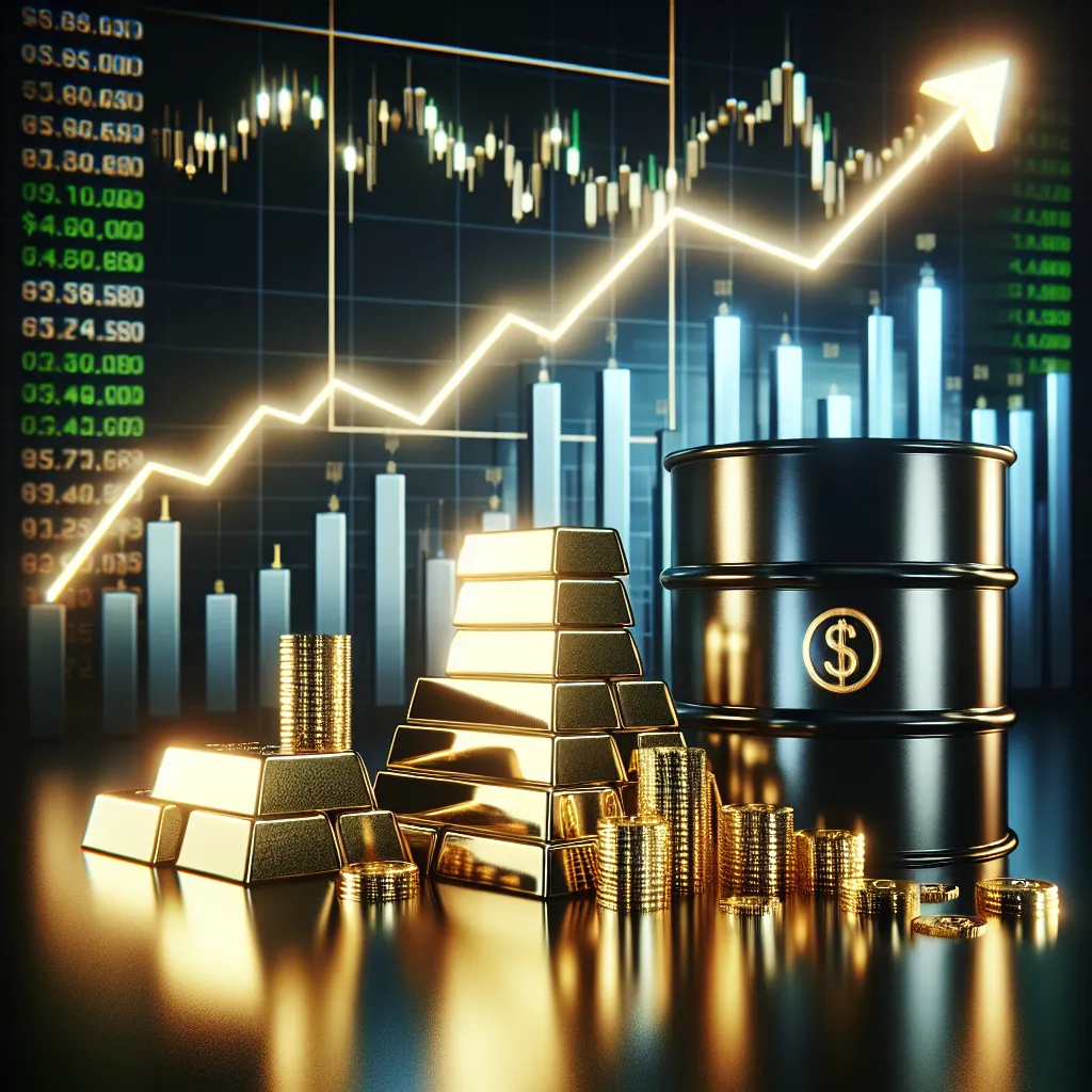 Shining gold bars, coins, and oil barrels against a rising stock chart illustrate how commodities impact global economy, driving markets, investments, and financial strategies worldwide.