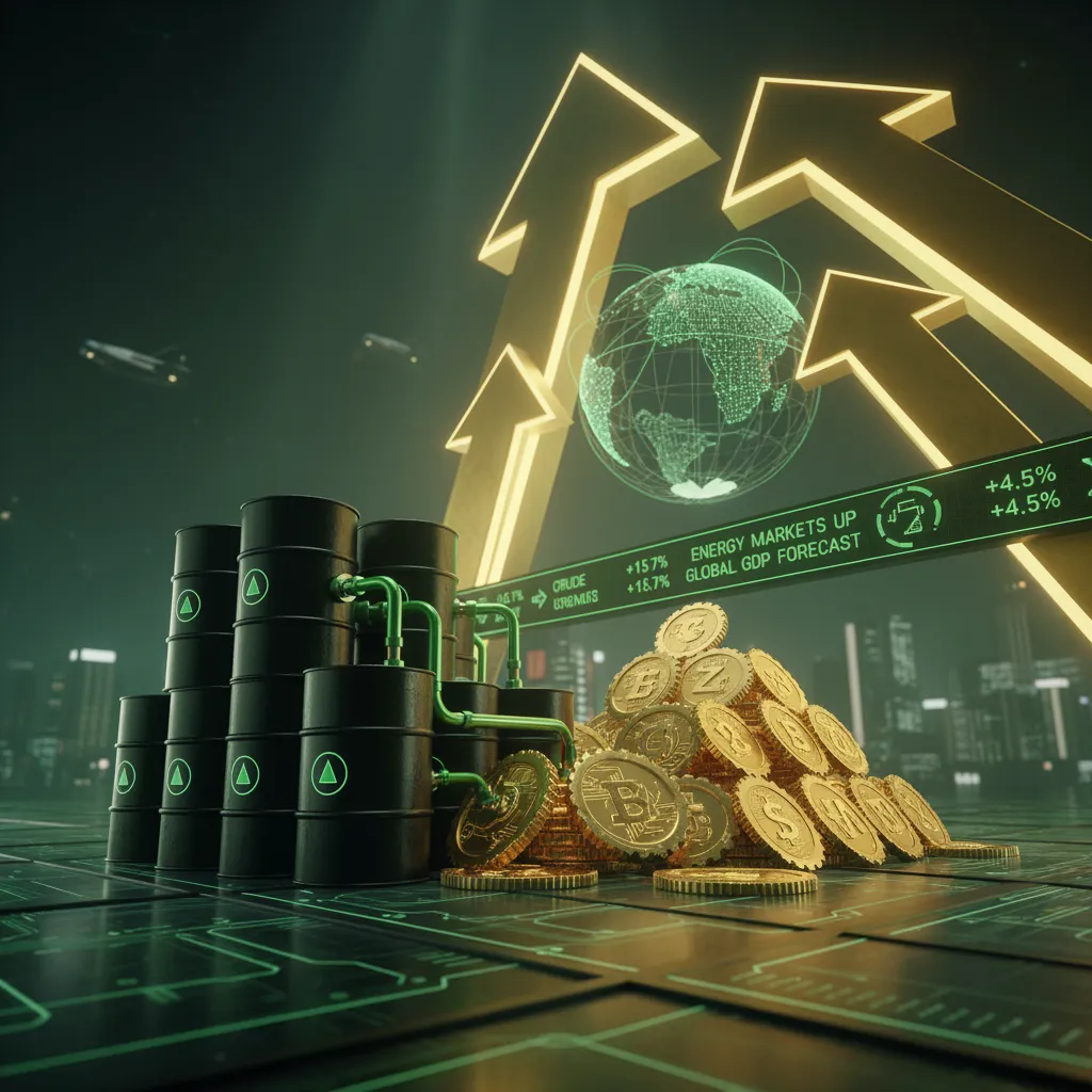 Commodities impact global economy: Digital scene with oil barrels, gold coins, and rising arrows, symbolizing crude oil, energy markets, and resources driving worldwide financial growth.