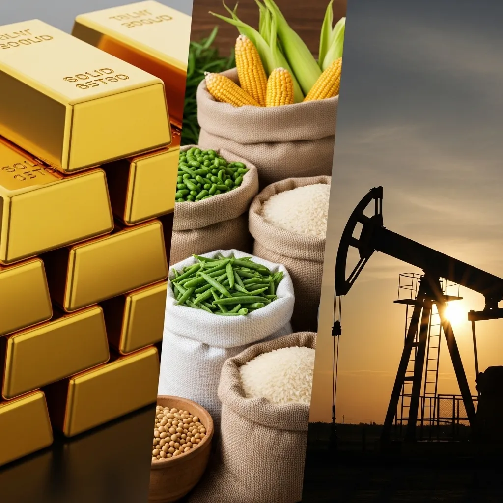 Commodities impact global economy: Collage featuring gold bars, agricultural crops like corn and rice, and oil pumpjack, symbolizing essential resources influencing worldwide trade, inflation, and growth.