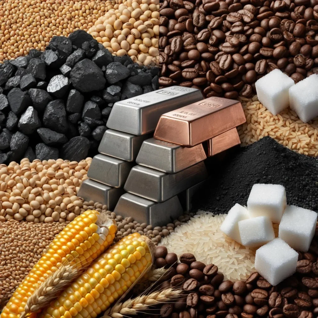 A detailed display of diverse commodities including metals, grains, coffee, sugar, and coal, visually emphasizing how commodities impact global economy through supply, demand, and trade.