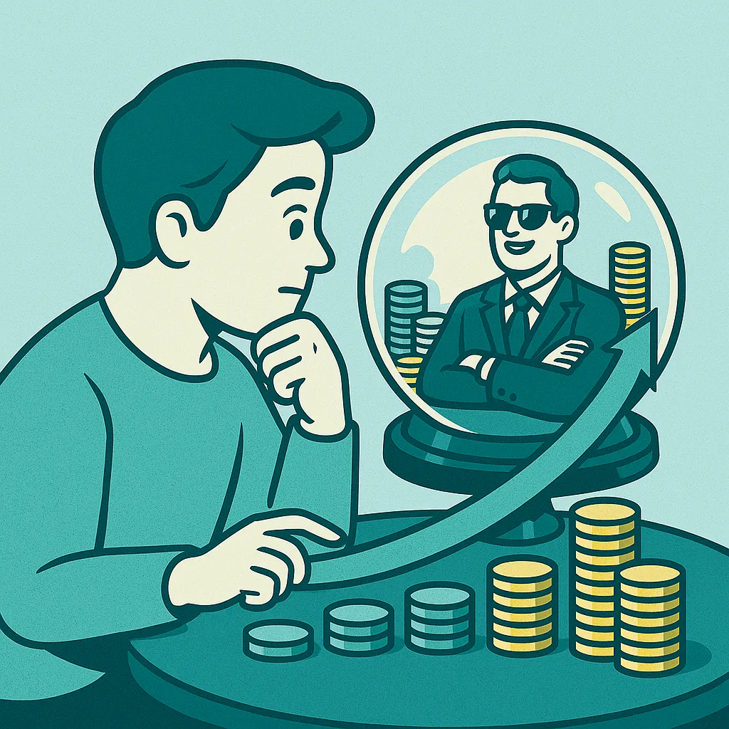A young investor gazes into a crystal ball revealing their wealthy future self, representing the vision and impact of compound interest wealth building over time.