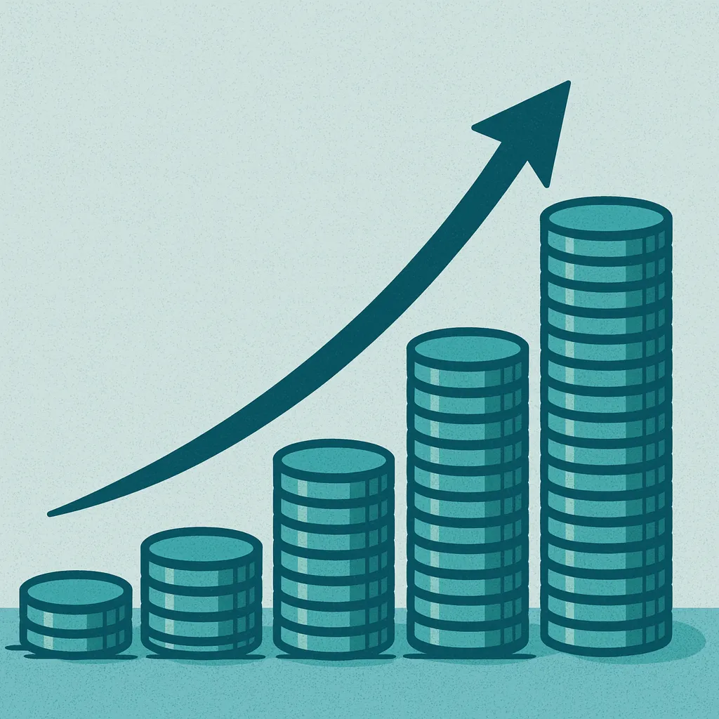 Stacks of coins increase in height along a rising arrow curve, visually representing compound interest wealth building and long-term financial growth through smart investing.