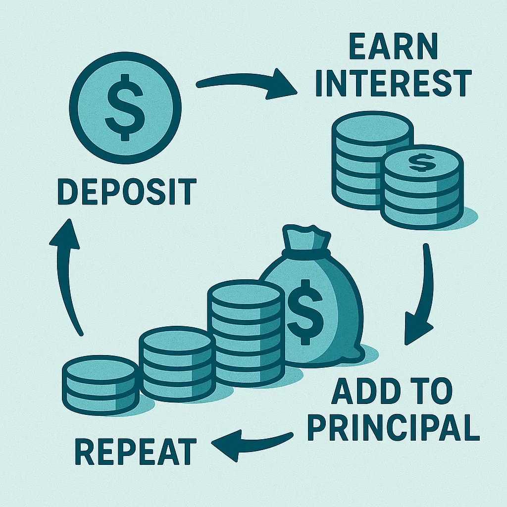 Step-by-step infographic shows deposit, earn interest, add to principal, and repeat cycle, visually demonstrating how compound interest wealth building occurs over time through reinvestment.