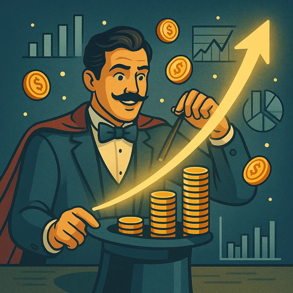 A magician pulls a glowing exponential curve from a hat, surrounded by coins and charts, symbolizing the magical effect of compound interest wealth building over time.