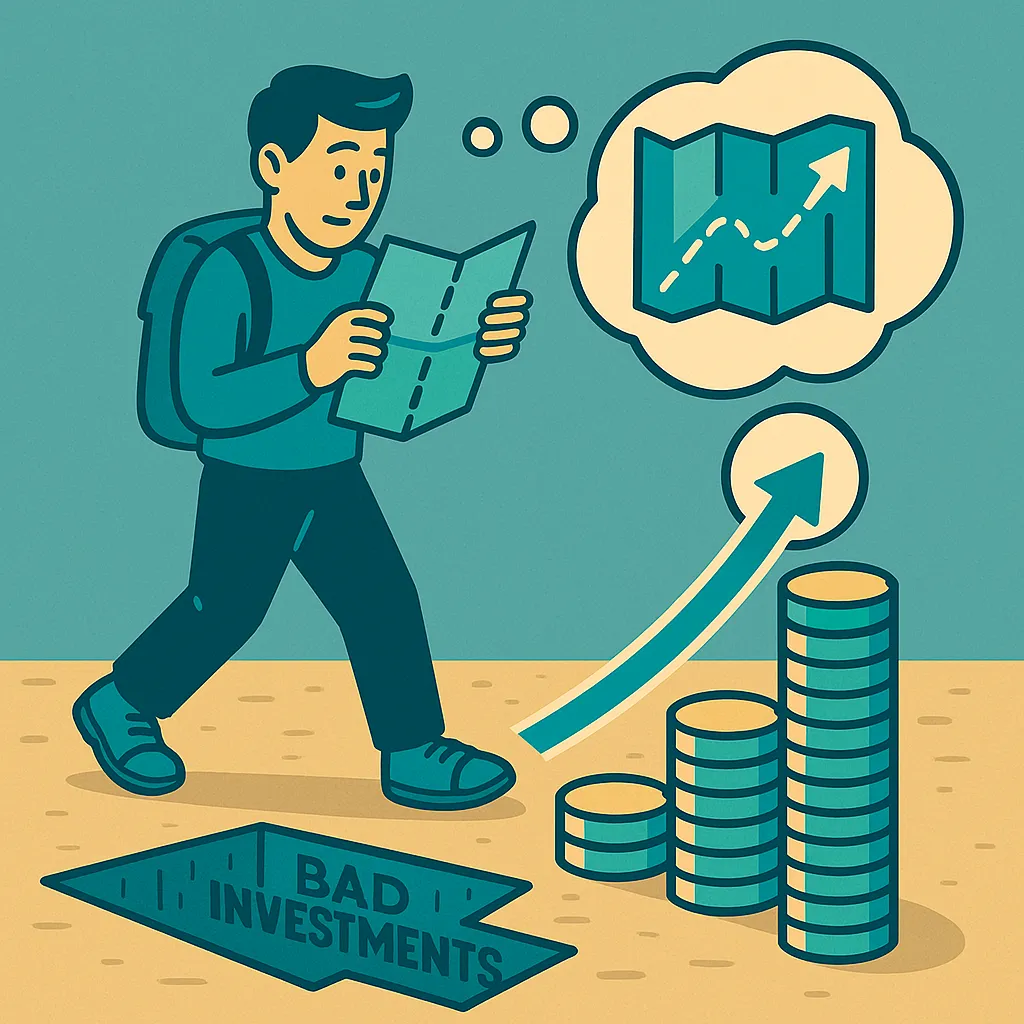 Person navigates around a pit labeled ‘Bad Investments’ using a map, illustrating the smart strategy and discipline needed for compound interest wealth building success.