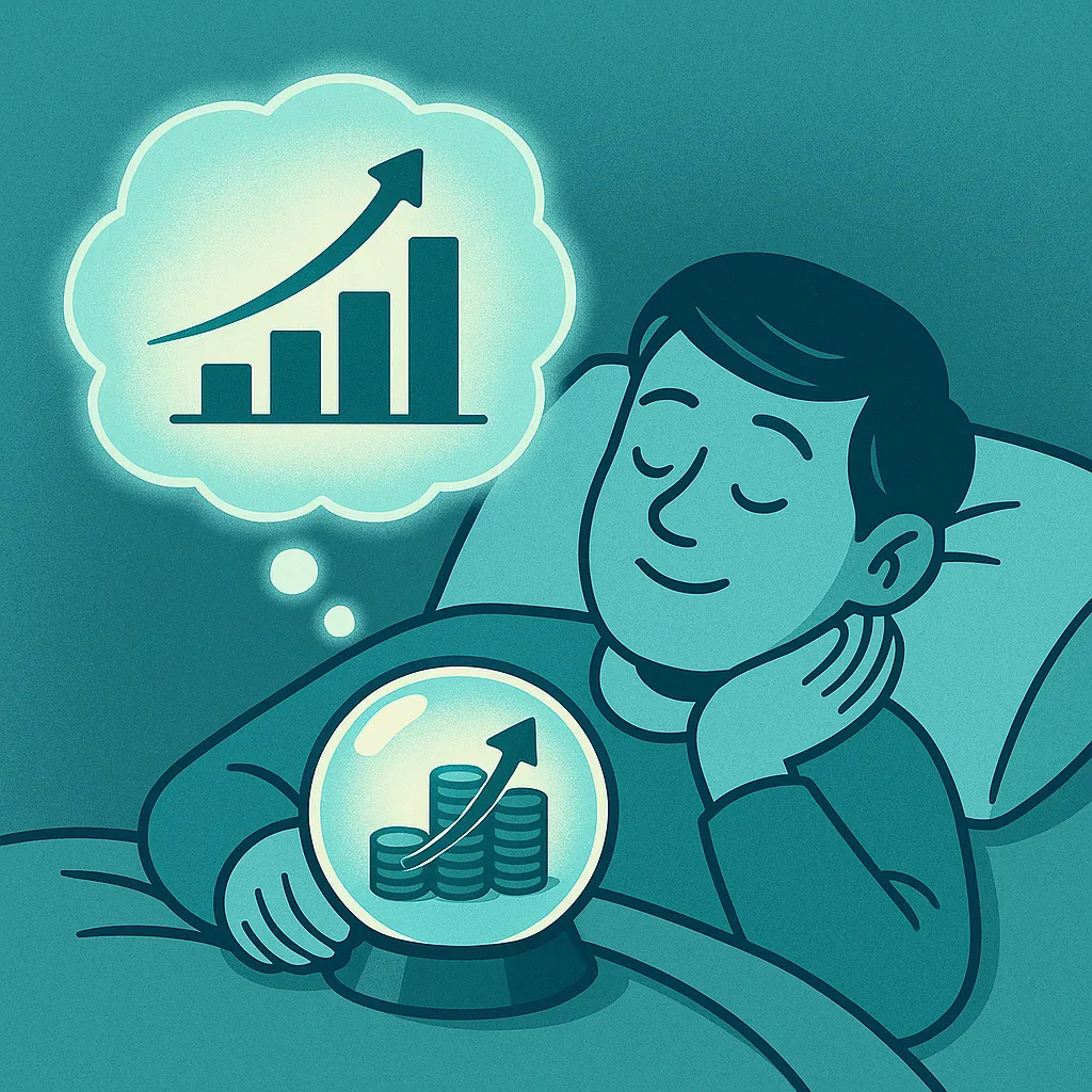 Person sleeps peacefully as glowing thought bubbles reveal rising charts, visually expressing the effortless power of compound interest wealth building during long-term investment growth.