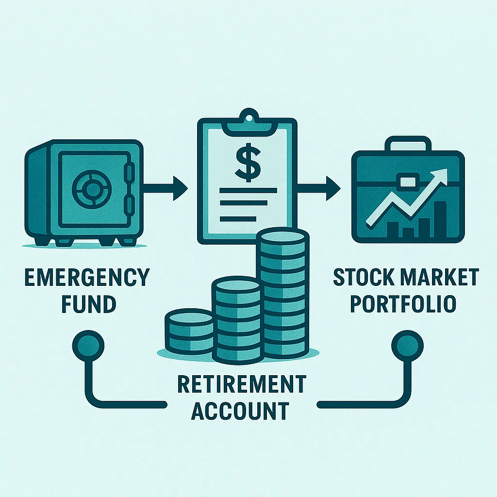 Timeline illustration shows financial steps: emergency fund, retirement account, stock market portfolio—each stage contributing to long-term compound interest wealth building and financial security.