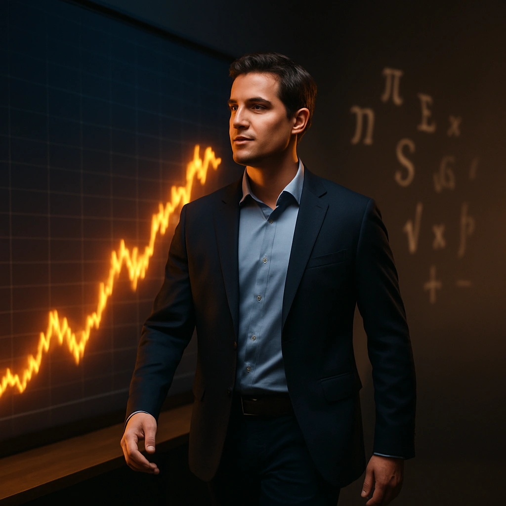 A confident trader walks past glowing charts and fading symbols, representing clear mastery of options price movement through calculated strategy and mathematical understanding.