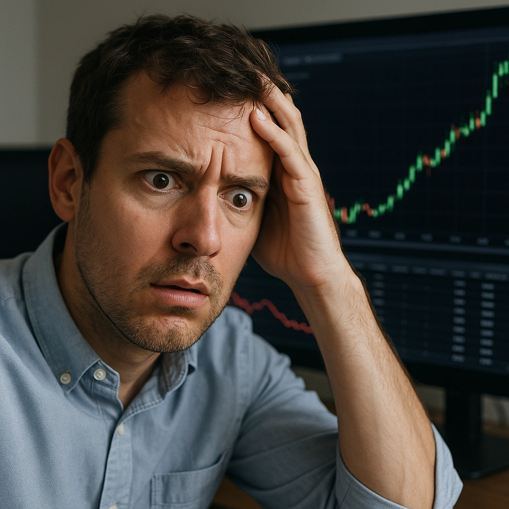 A confused trader stares at rising stock charts while suffering losses, highlighting the irony and complexity of modern options price movement in volatile markets.
