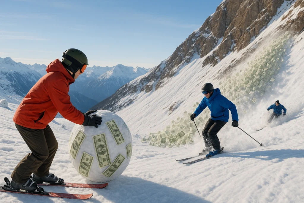Debt Snowball vs. Avalanche Method illustrated by skiers on a snowy mountain, one rolling a money snowball, the other riding a cash avalanche downhill.