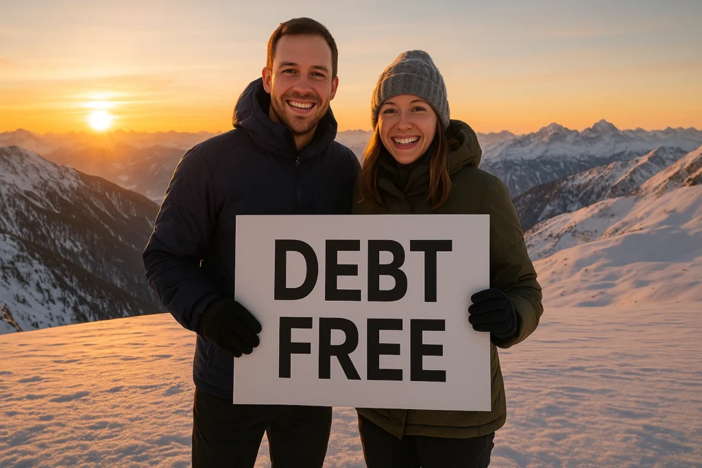 Happy couple atop snowy peak at sunrise holding “Debt Free” sign, symbolizing success using Debt Snowball vs. Avalanche Method strategies in financial freedom journey.
