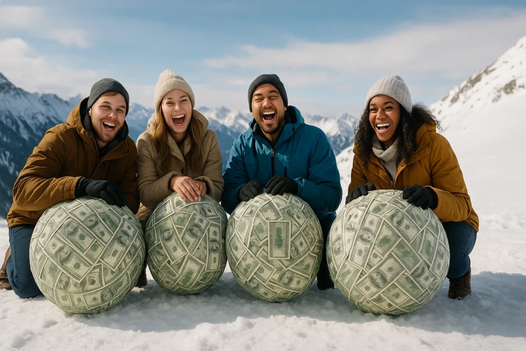 Group of friends laughing on snowy slope with giant cash snowballs, representing joy and teamwork in choosing Debt Snowball vs. Avalanche Method to tackle debt.