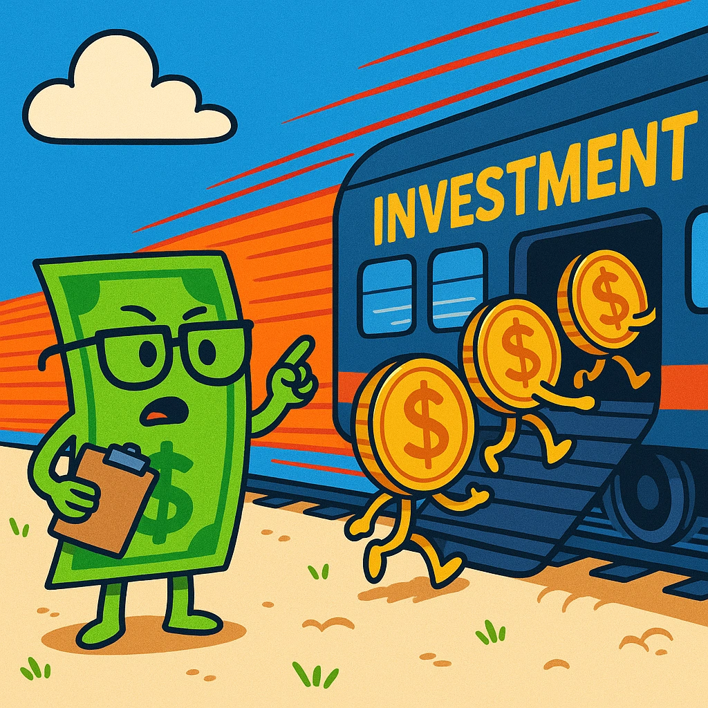 A cartoon dollar bill wearing glasses and holding a clipboard directs animated coins into a fast-moving investment train, humorously representing proactive action to avoid cash drag.
