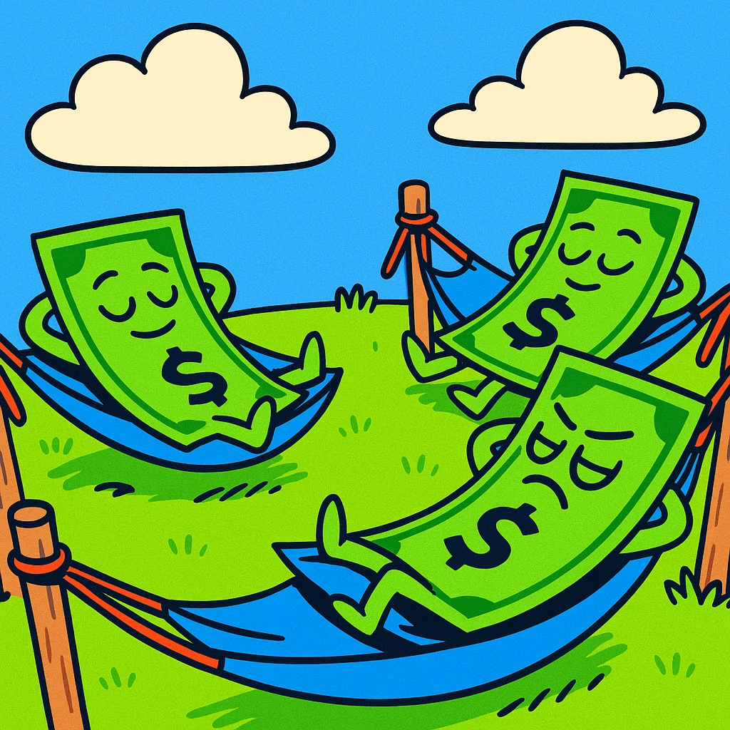 Three cartoon dollar bills with faces lounge lazily in hammocks on a sunny grassy hill, humorously representing the concept of cash drag in finance. 