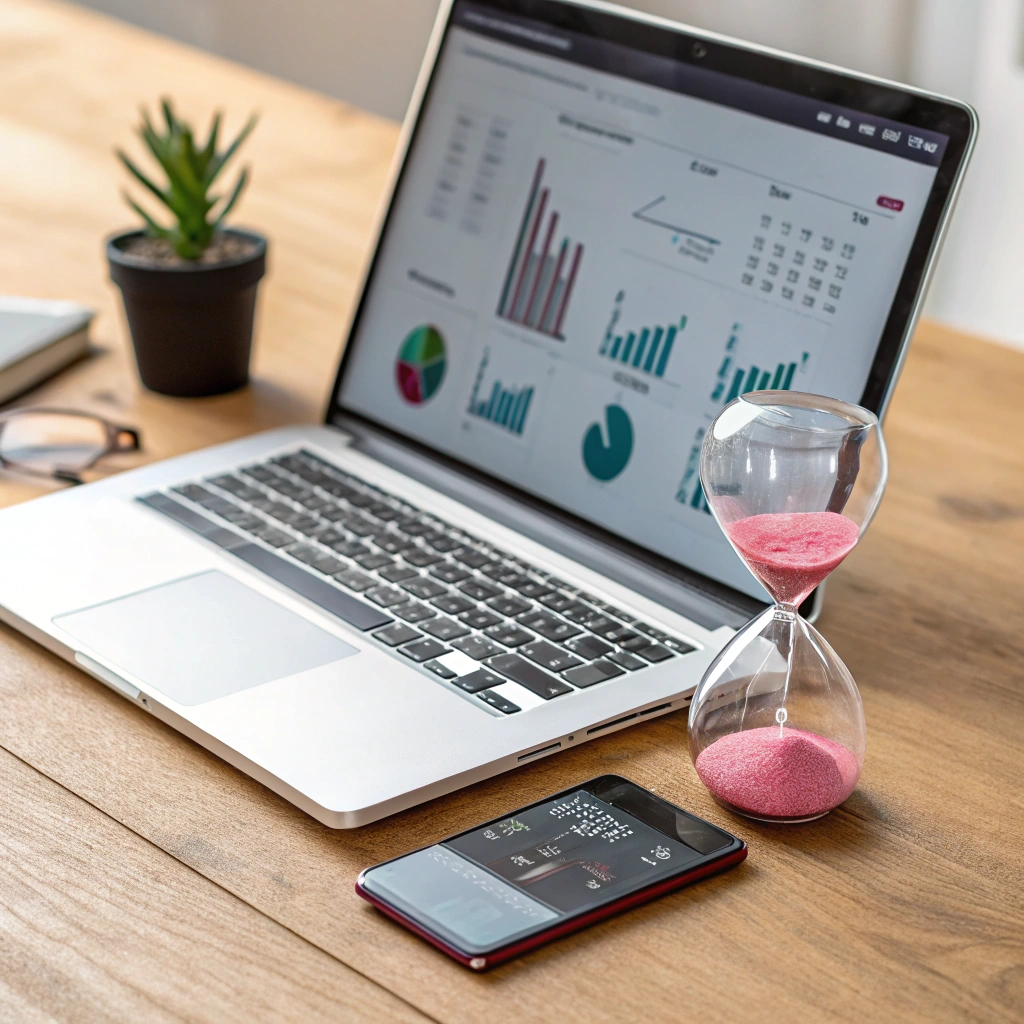 A laptop displaying financial charts sits on a desk beside an hourglass and smartphone, symbolizing time management, investment analysis, and balancing deadlines in financial decision-making.