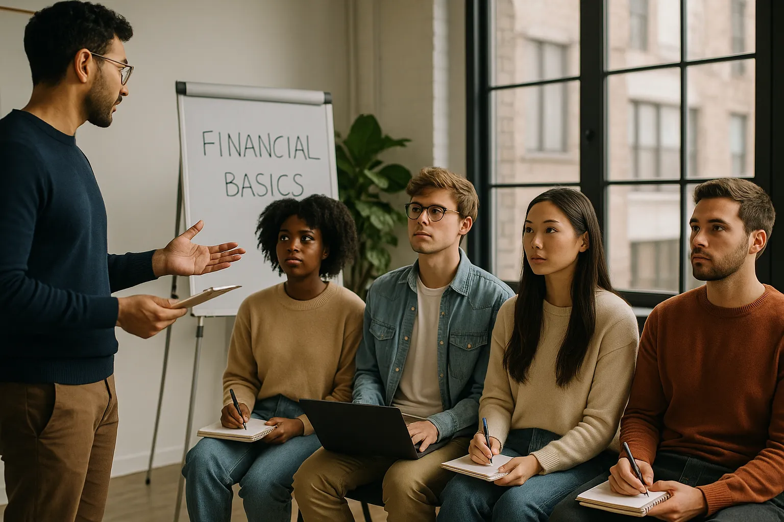 A diverse group of interns attentively learns in a financial basics workshop, illustrating why financial statements matter for early career understanding and decision-making.