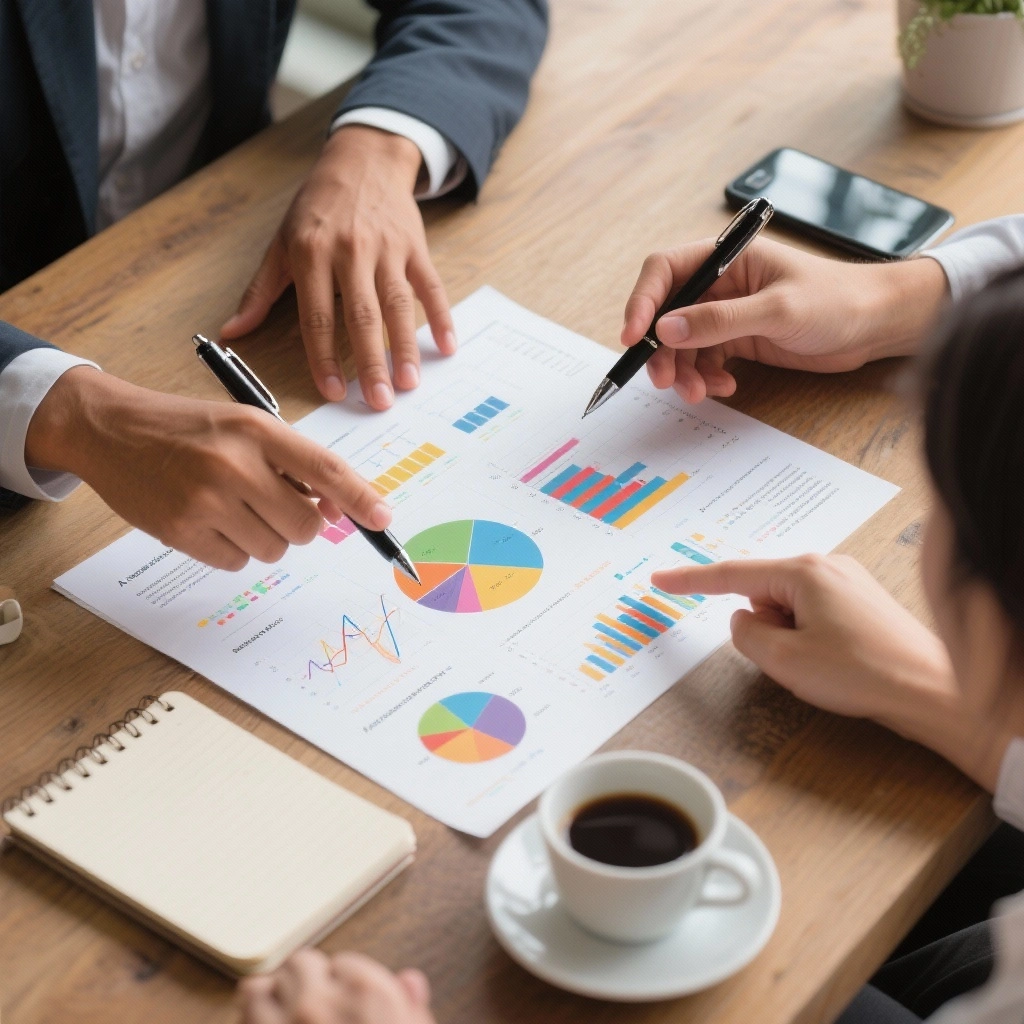 Business professionals point at colorful charts and graphs on a financial report during a meeting, symbolizing collaboration, strategy, investment planning, and data-driven decision-making over coffee. 
