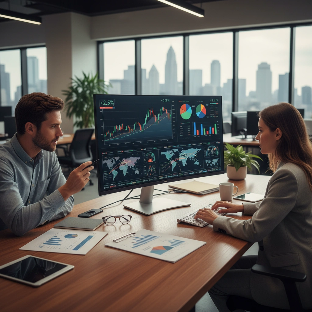 Two financial professionals analyze data on a large monitor showing charts, graphs, and global maps, symbolizing teamwork, investment strategies, and financial decision-making in a modern office setting.