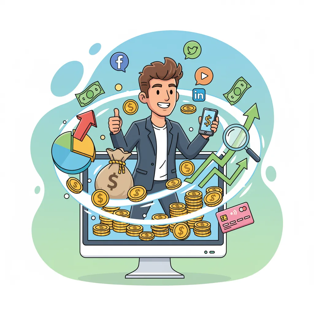 Finfluencers vs financial advisors: Cartoon man with phone, money, and charts emerges from computer screen, symbolizing influence of social media personalities in modern investing.